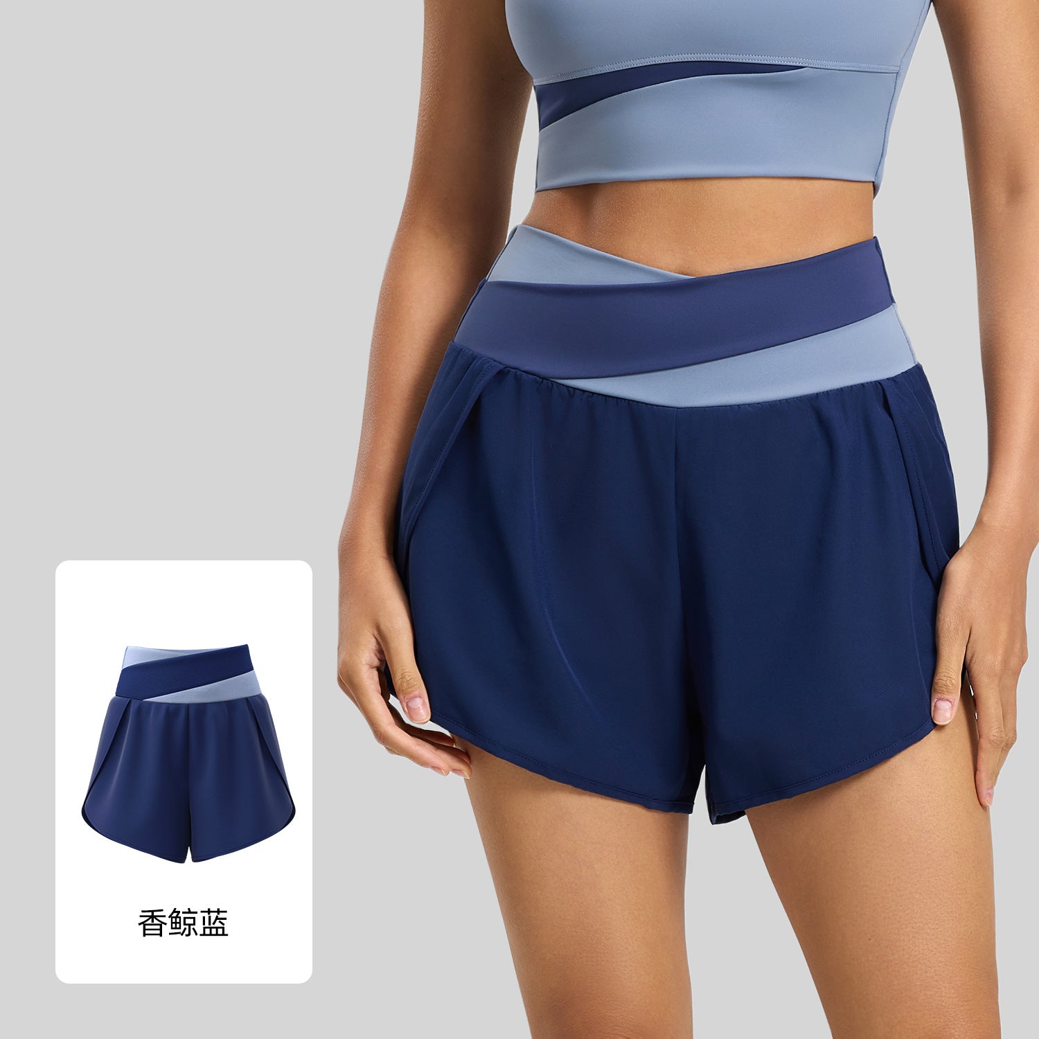 Lila Zen Women's Crossover High-Waisted Color-Blocked Faux Two-Piece Yoga Shorts