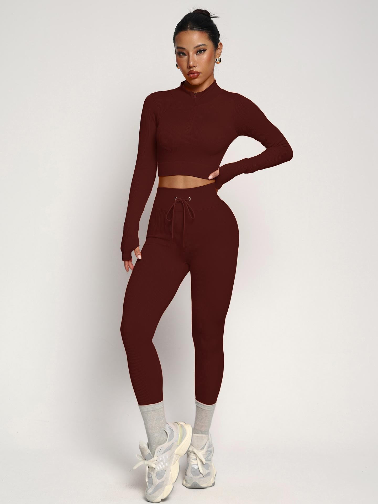 Lila Zen Adjustable Zippered Cuffs Long Sleeves High Waist Tie Waistband Shaping Fitness Yoga Workwear Set