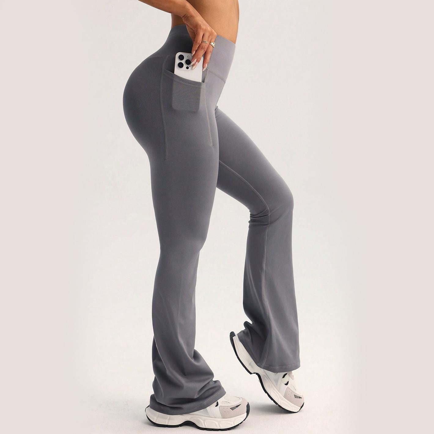 Lila Zen Peach High-Waisted Yoga Flare Pants with Seamless Side Pockets