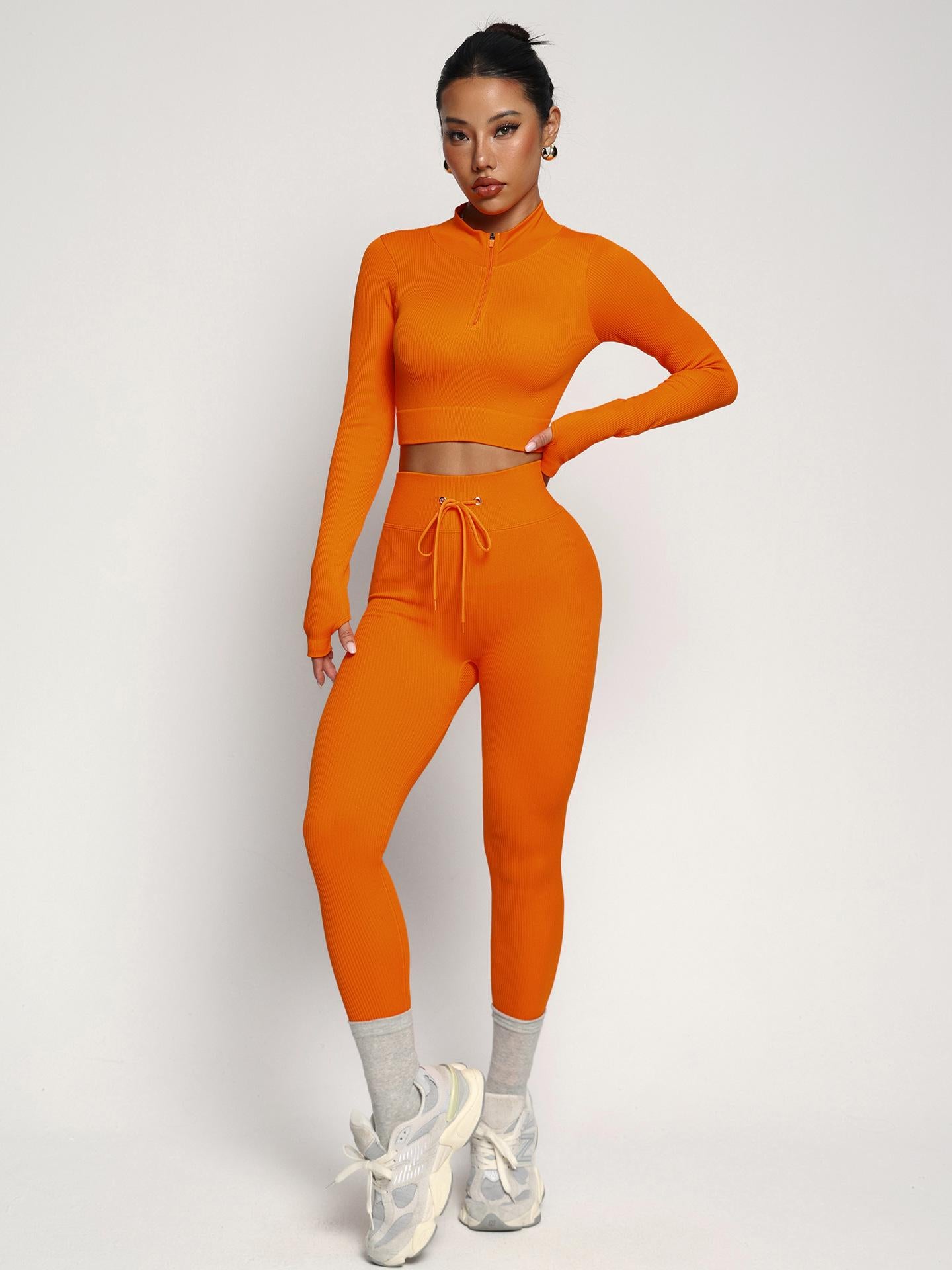 Lila Zen Adjustable Zippered Cuffs Long Sleeves High Waist Tie Waistband Shaping Fitness Yoga Workwear Set