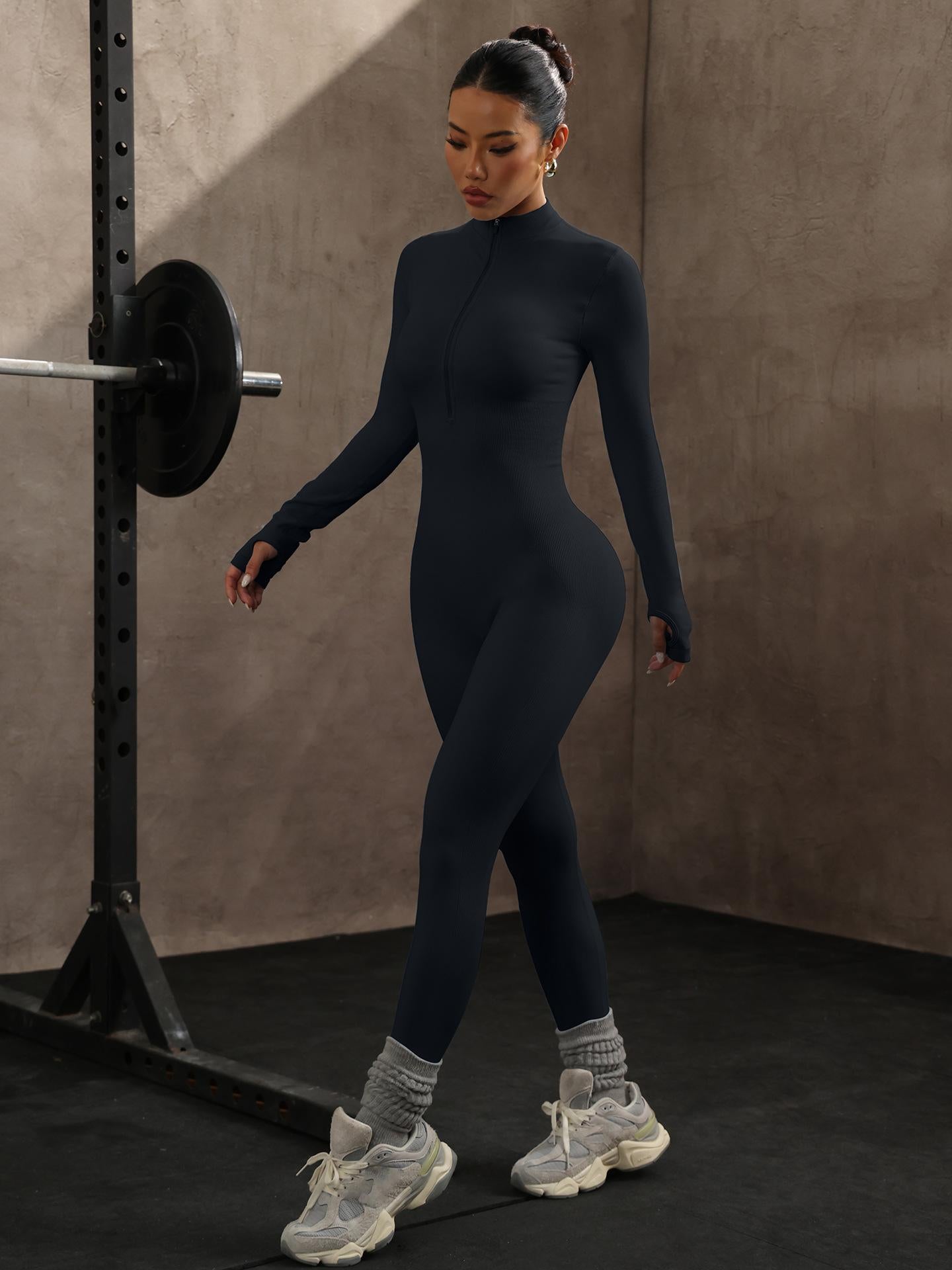 Lila Zen Protective Cover, Zippered Chest, Long-Sleeved Seamless Fitted Bodysuit with Butt Lifting, Sports Yoga Fitted Bodysuit
