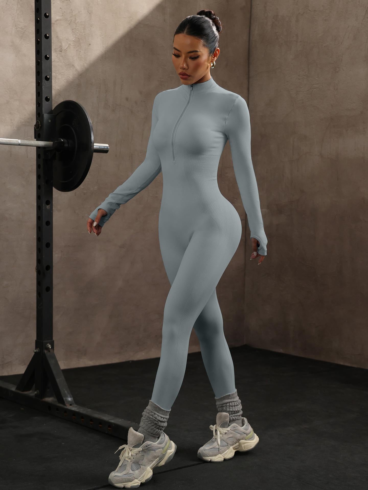Lila Zen Protective Cover, Zippered Chest, Long-Sleeved Seamless Fitted Bodysuit with Butt Lifting, Sports Yoga Fitted Bodysuit