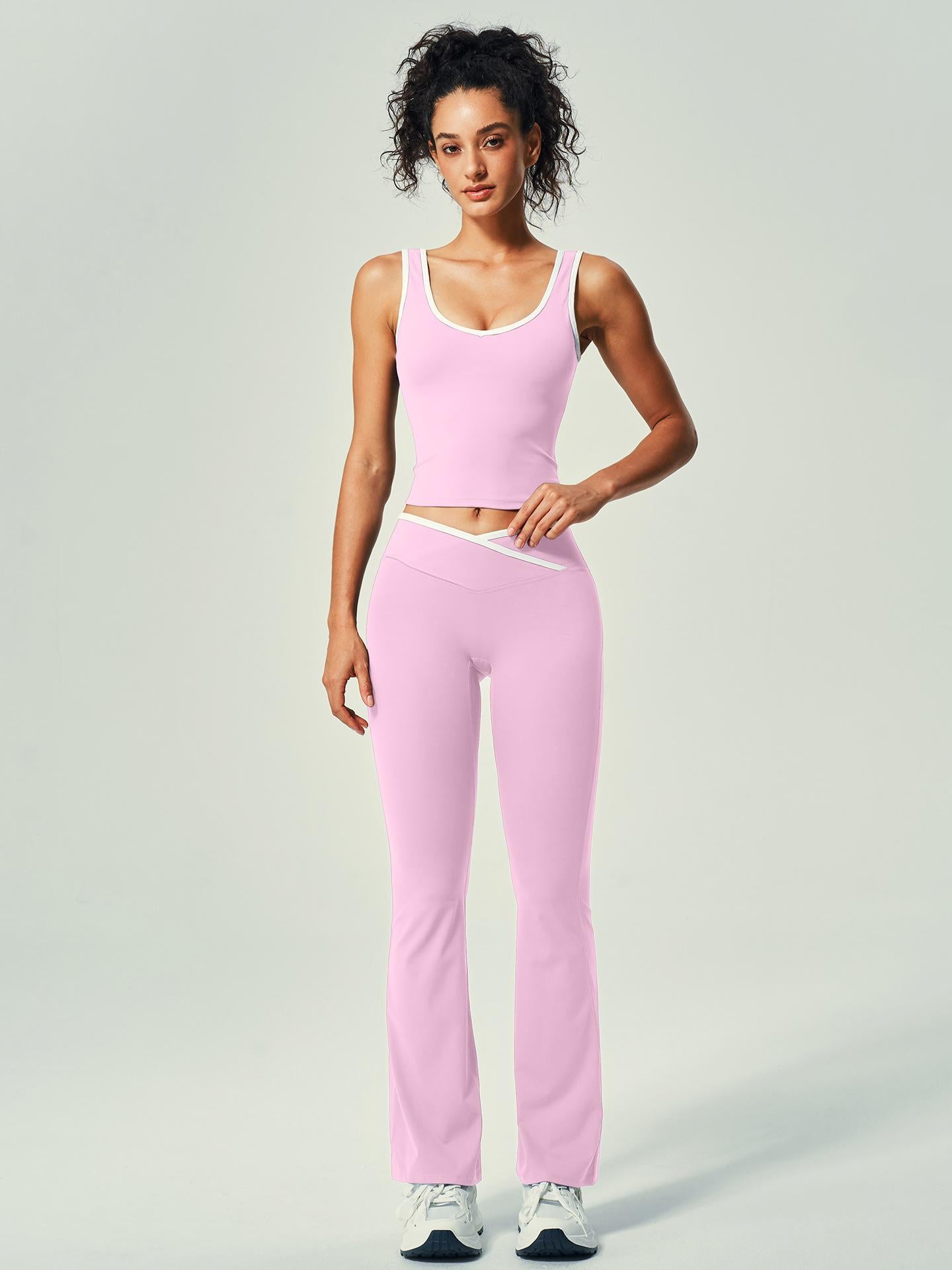 Lila Zen Women's Nude-Feel Crossover High-Waisted Color-Blocked Backless Fitted Yoga Workout Set