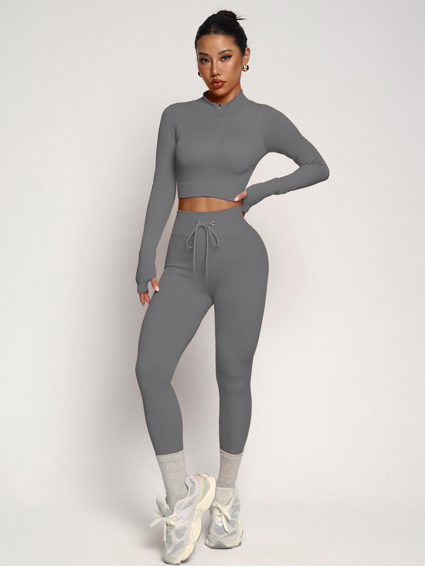 Lila Zen Adjustable Zippered Cuffs Long Sleeves High Waist Tie Waistband Shaping Fitness Yoga Workwear Set