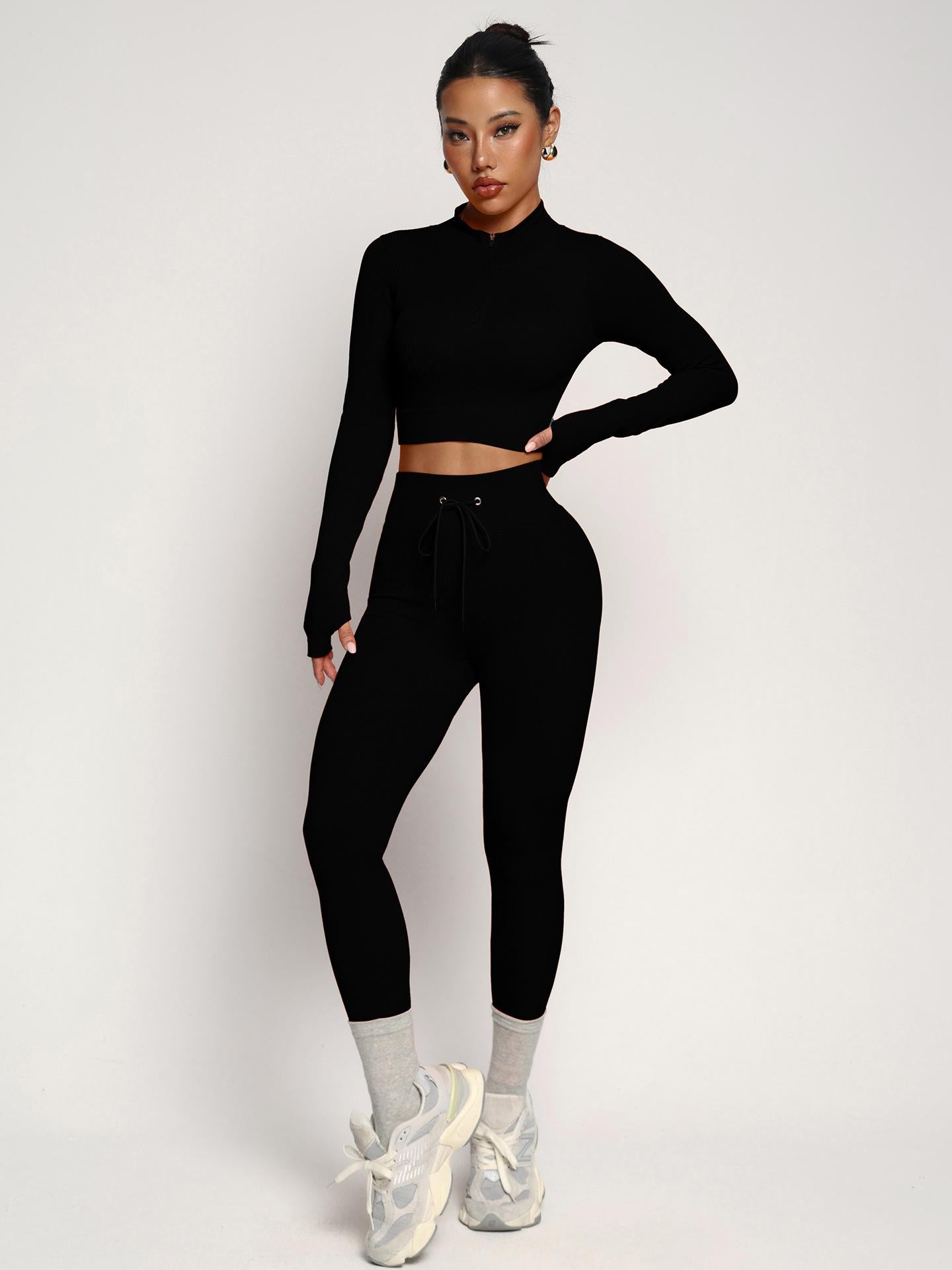 Lila Zen Adjustable Zippered Cuffs Long Sleeves High Waist Tie Waistband Shaping Fitness Yoga Workwear Set