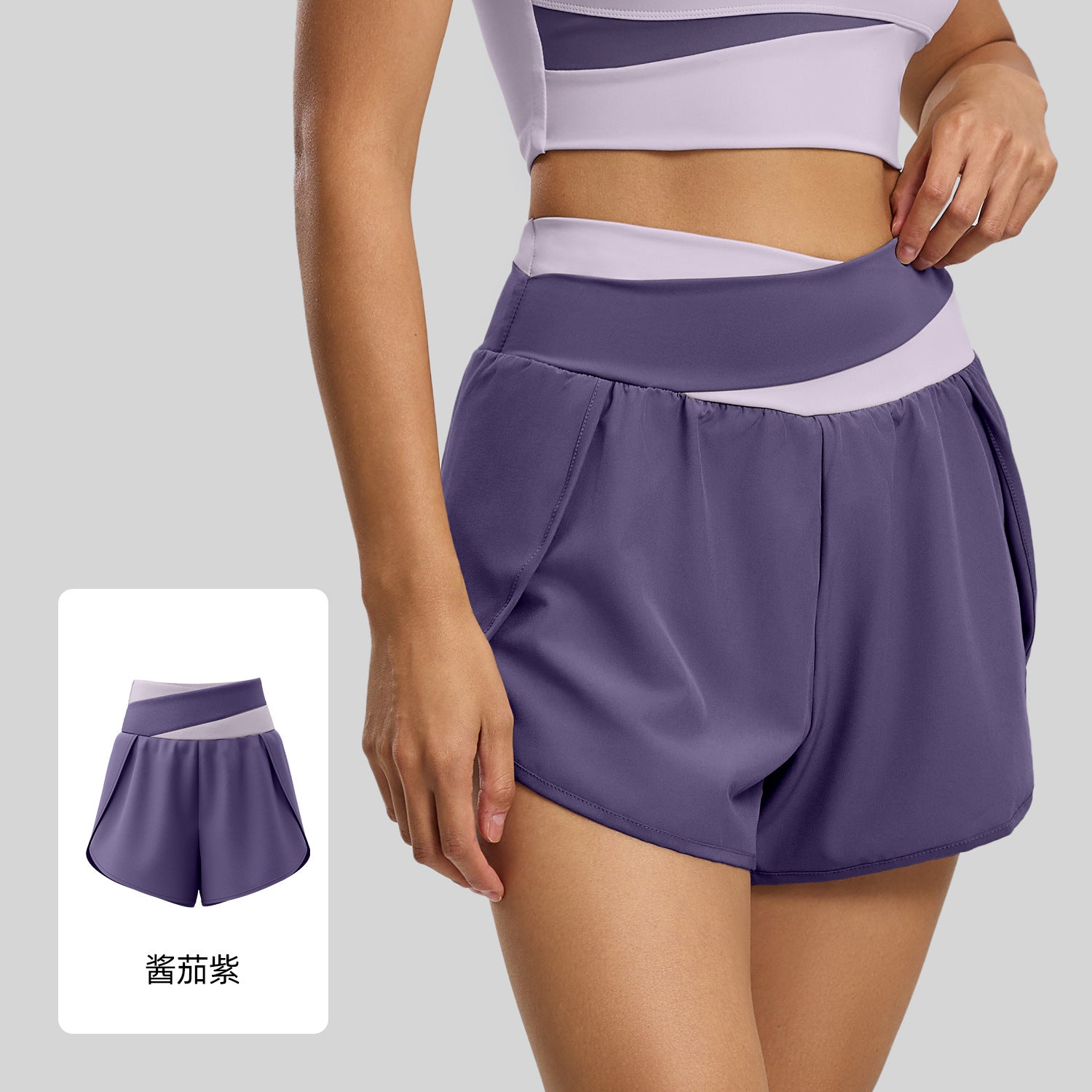 Lila Zen Women's Crossover High-Waisted Color-Blocked Faux Two-Piece Yoga Shorts