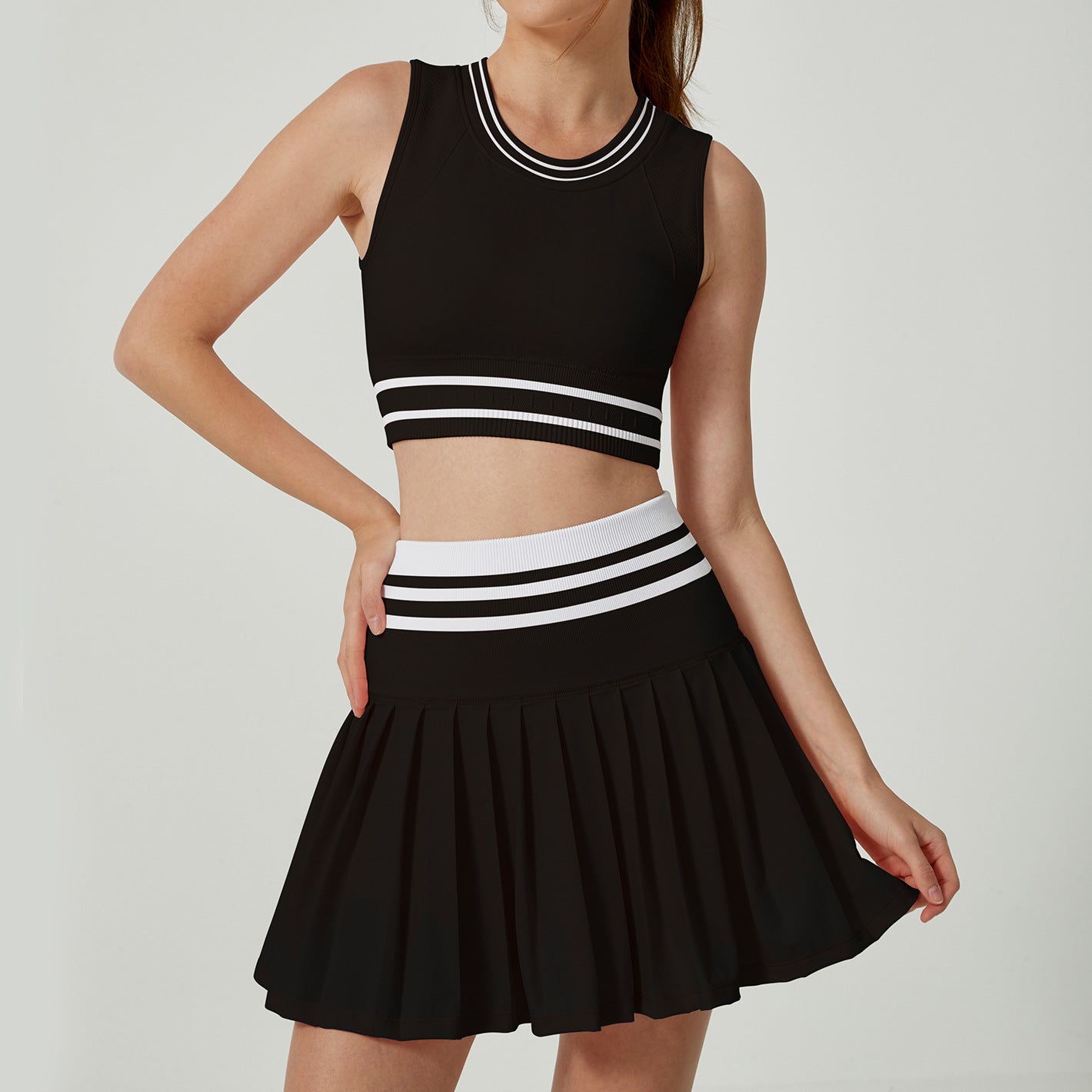 Lila Zen Cloud-like Breathable Color-Blocked Backless High-Waisted Striped Pleated Skirt Two-Piece Set