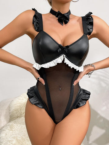 Lila Zen Sexy Uniform Temptation Bow-Tie Patent Leather Bodysuit Lingerie