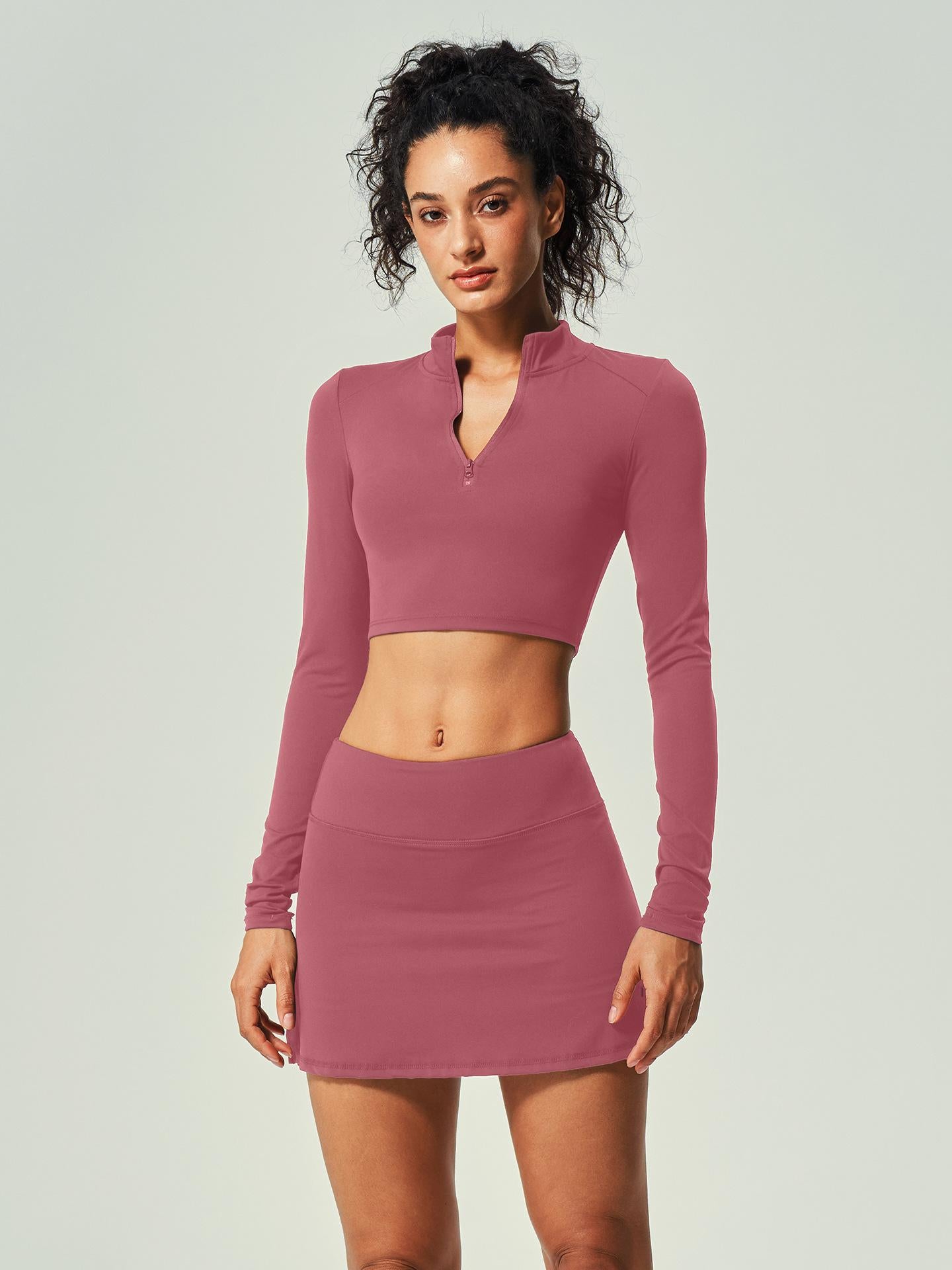 Lila Zen Zippered Long-Sleeved Short Skirt Yoga Suit