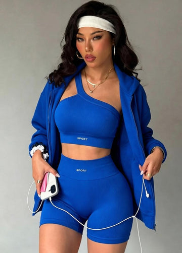 Lila Zen One-Shoulder Seamless Ribbed Sports Bra & High-Waisted Shorts Set
