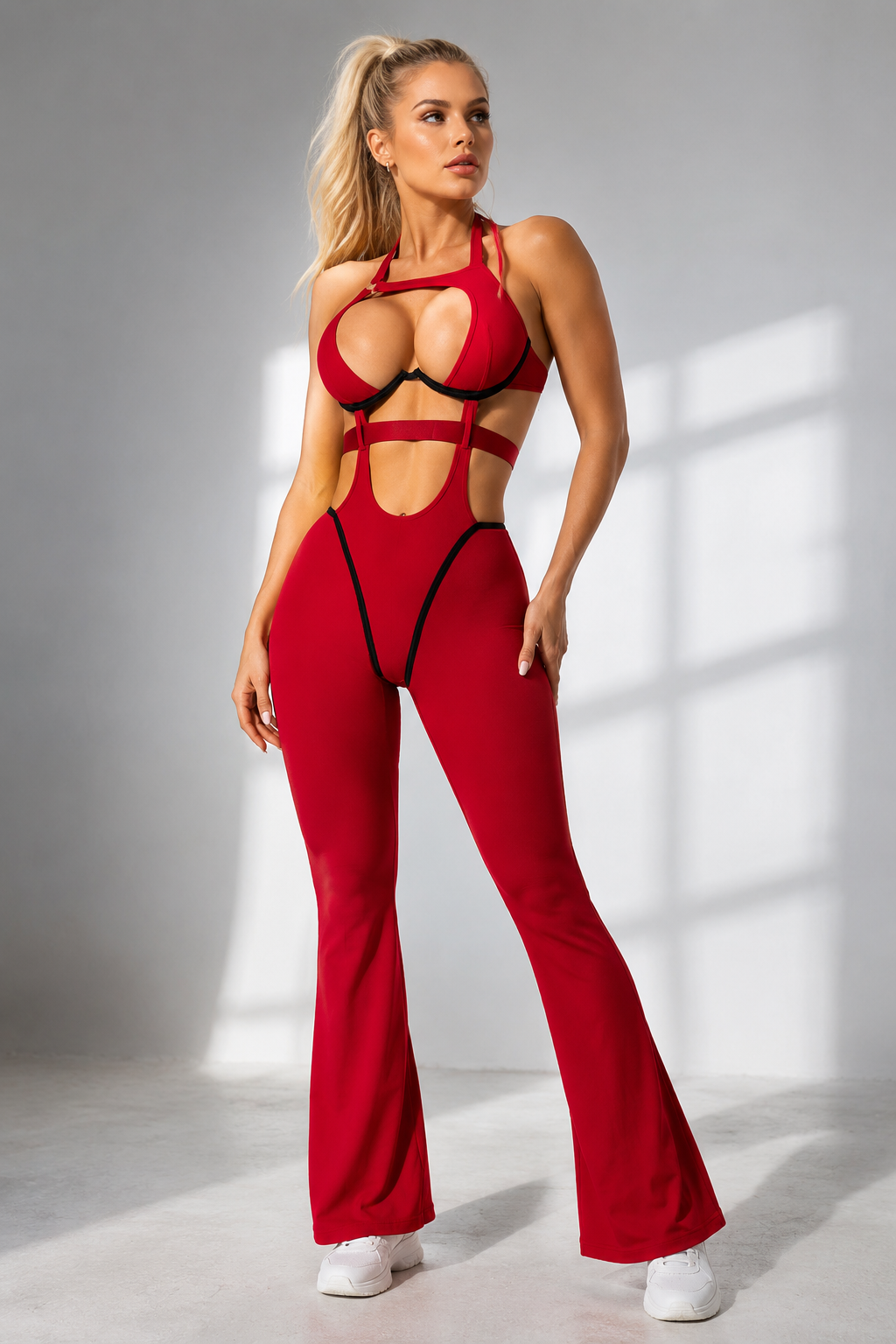 Halter Cutout Contrast-Trim Sculpting One-Piece Jumpsuit