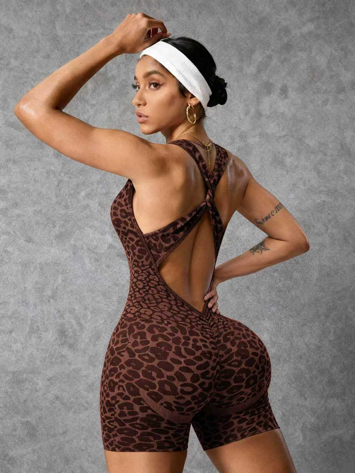 Leopard Print Crisscross Back Sculpt Romper