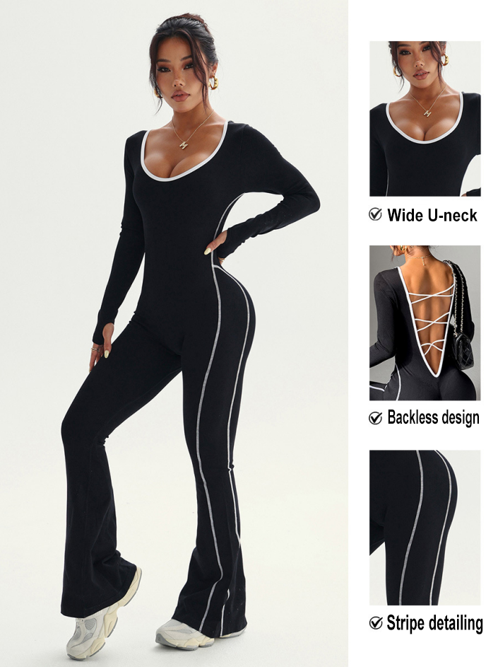 Lila Zen Seamless Striped Color Block One-Piece Yoga Wear with Crossback Flare Pants Fitness Apparel