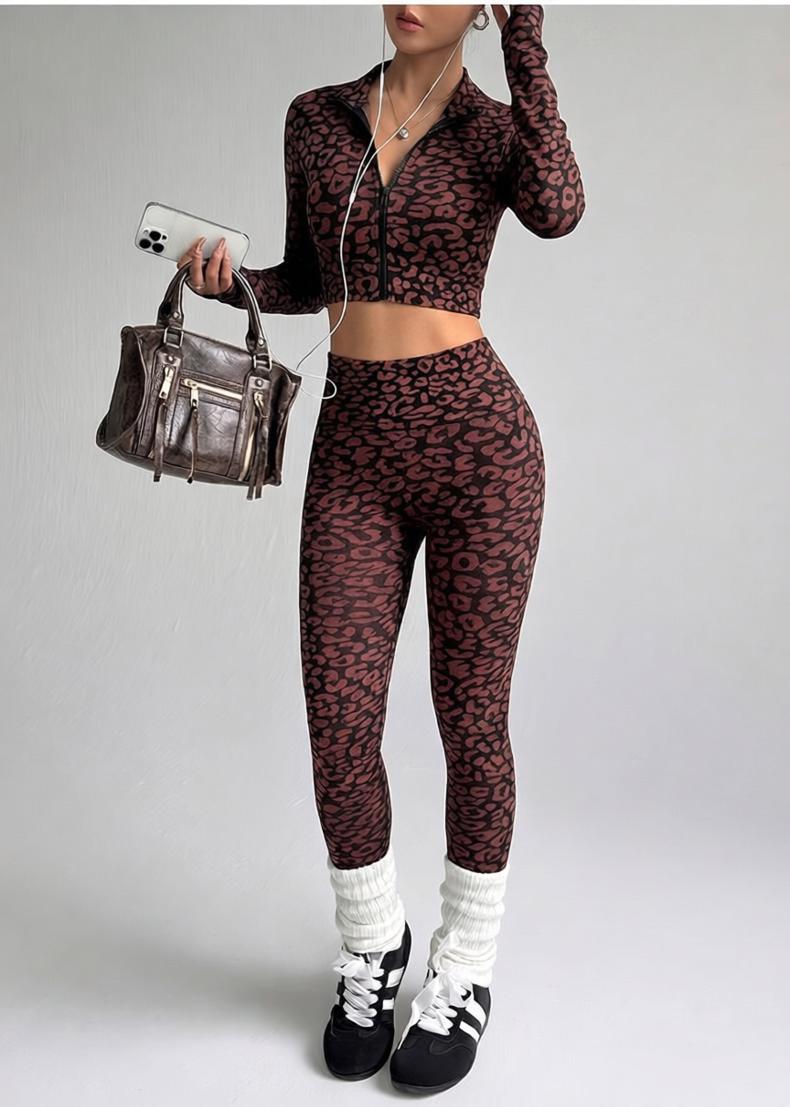 Lila Zen Leopard Seamless Long Sleeve Crop Top & High-Waisted Leggings Set