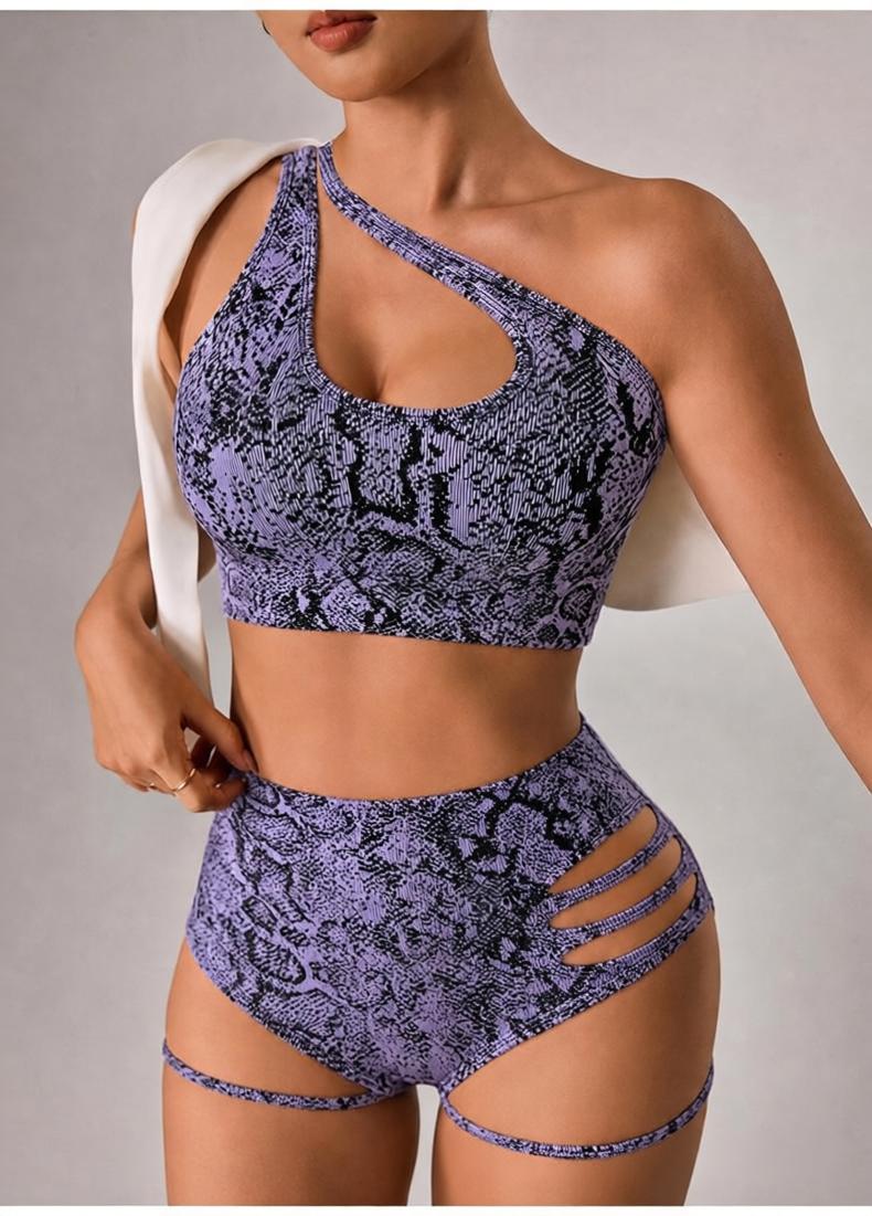 Lila Zen Asymmetric One-Shoulder Python Print Yoga Shorts Set
