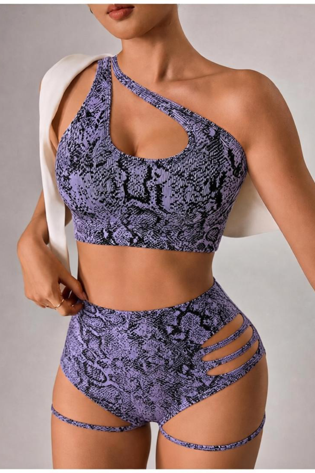 Lila Zen Asymmetric One-Shoulder Python Print Shorts Set