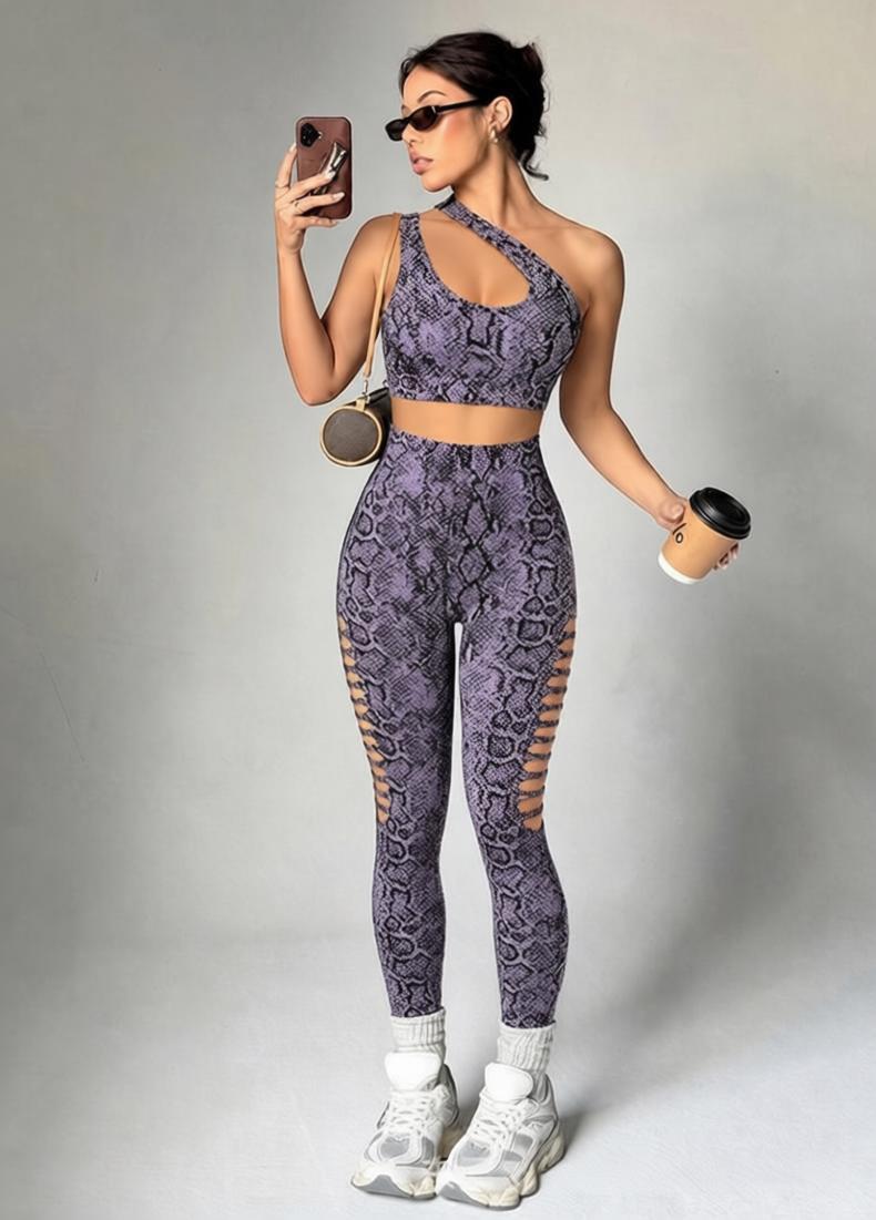 Lila Zen Asymmetric Python Print Cutout Yoga Set