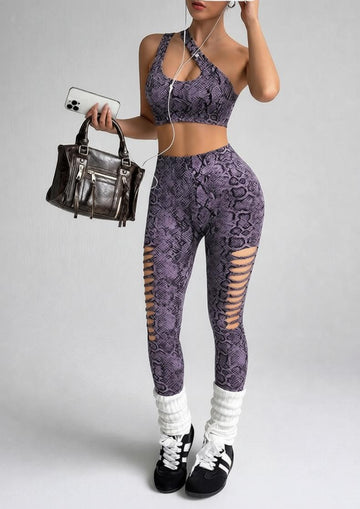 Lila Zen Asymmetric Python Print Cutout Yoga Set