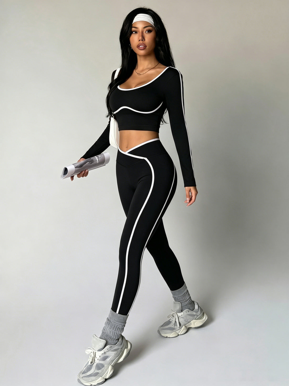 Women's 2-Piece Color Block Workout Yoga Set - U-Neck Long Sleeve Backless Top & High Waist Butt-Lifting Leggings Gym Activewear