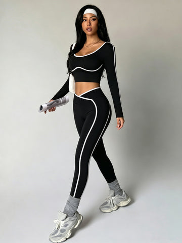 Women's 2-Piece Color Block Workout Yoga Set - U-Neck Long Sleeve Backless Top & High Waist Butt-Lifting Leggings Gym Activewear