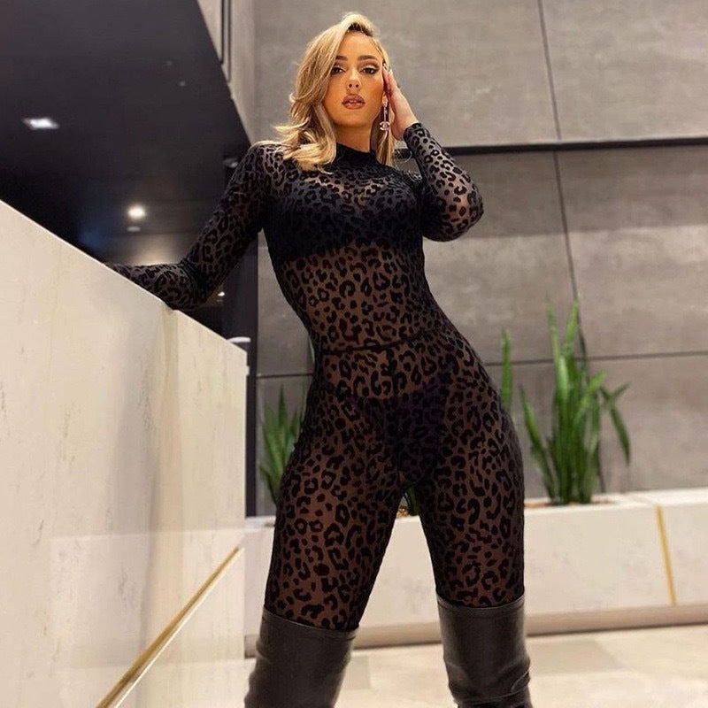 Sheer Leopard Print Flocked Mesh Long Sleeve Jumpsuit