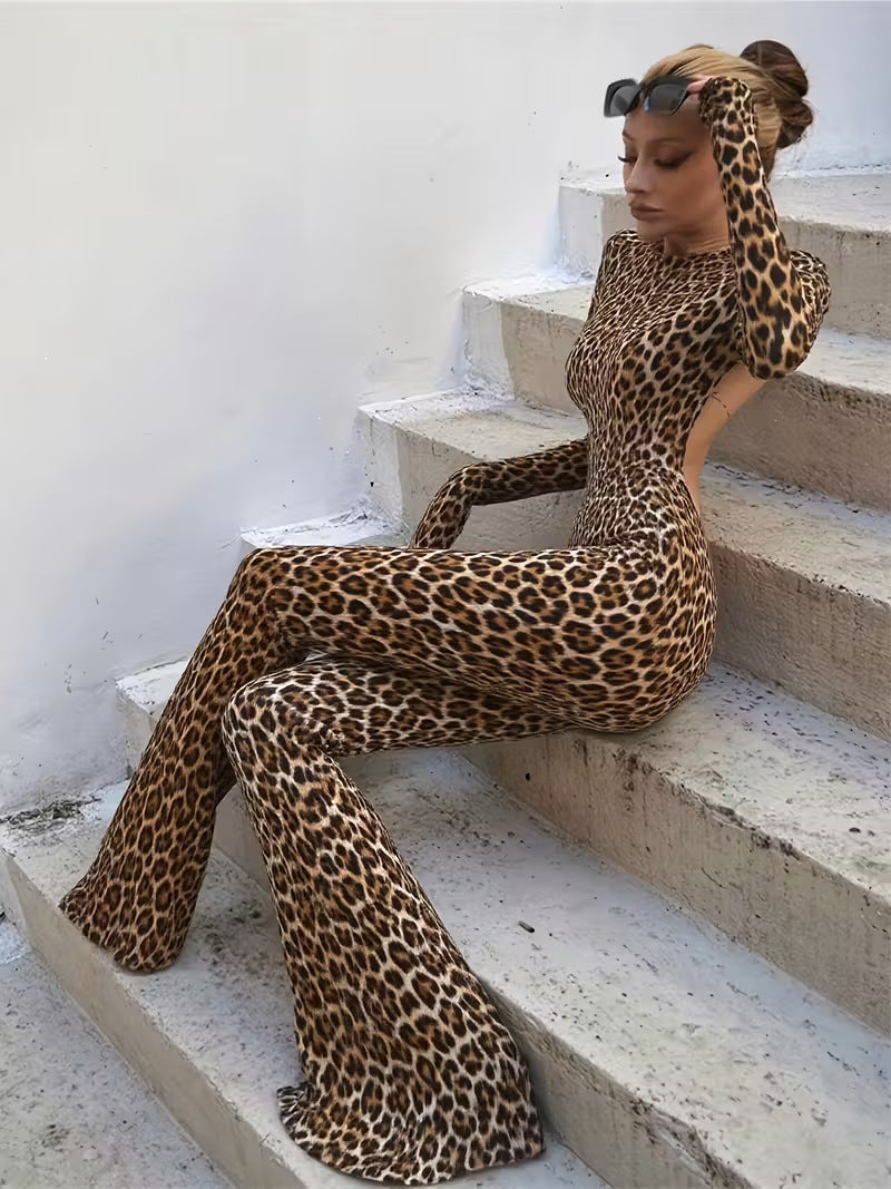 Women's Sexy Leopard Print Long Sleeve Bodysuit Backless Slim Fit Jumpsuit Romper