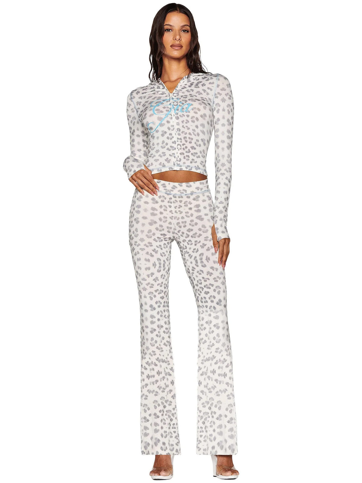 2026 European and American fashion women's clothing cross-border supply printed hooded long-sleeve thumb-hole micro-flare two-piece set