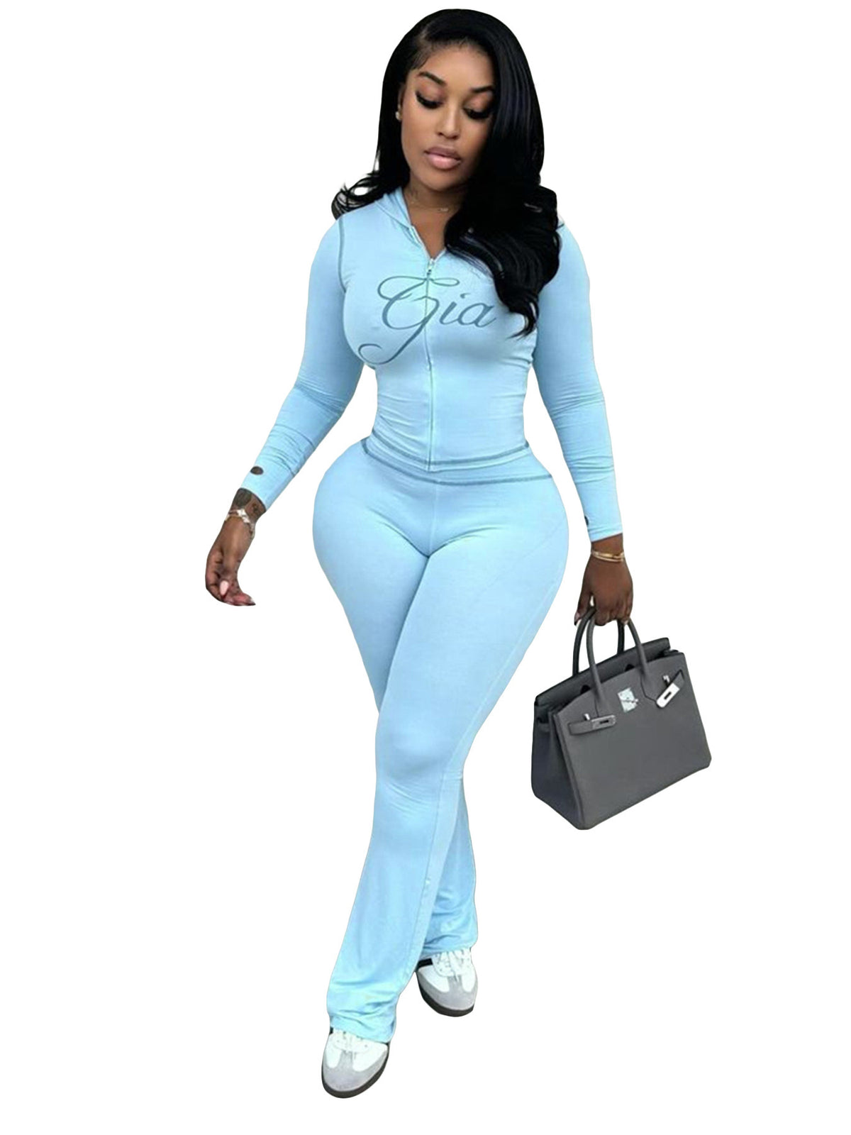 2026 European and American fashion women's clothing cross-border supply printed hooded long-sleeve thumb-hole micro-flare two-piece set