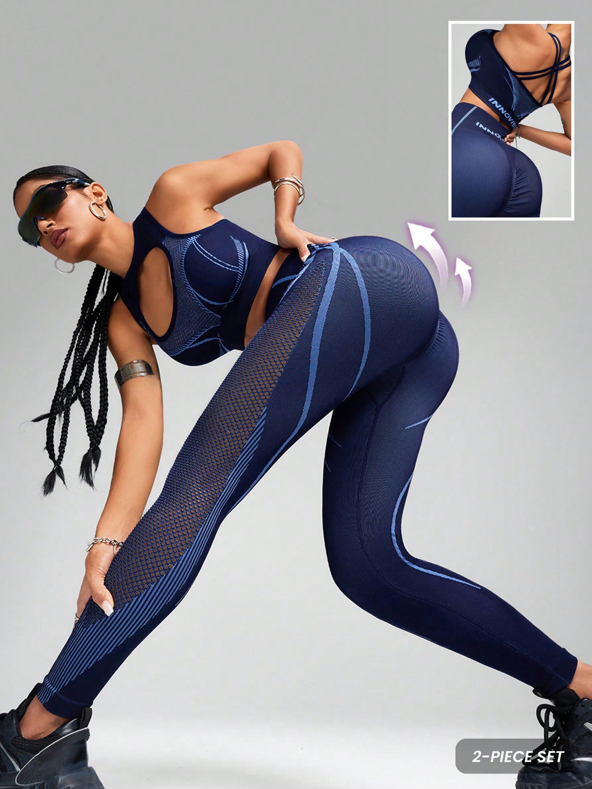 Women's Seamless 2-Piece Yoga Set High Impact Padded Sports Bra and Breathable Mesh Leggings Workout Tracksuit