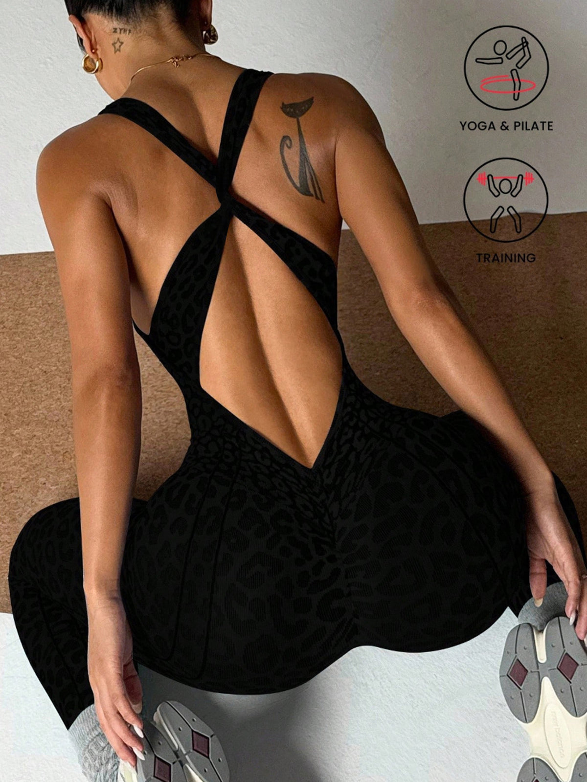 Women's Leopard Print Yoga Jumpsuit - Padded One-Piece Workout Romper & Activewear Bodysuit