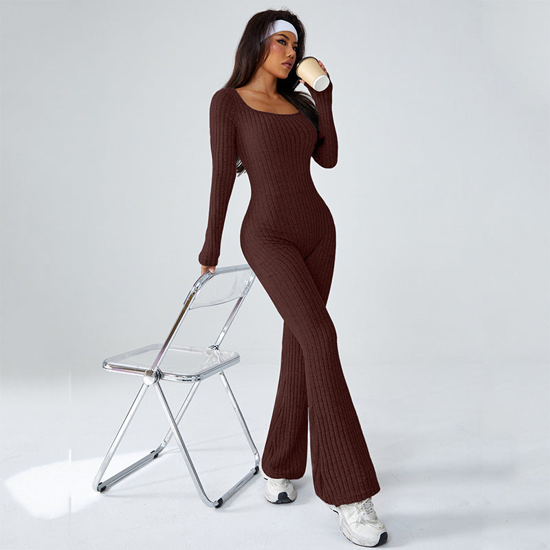 Ribbed Long Sleeve Flared Jumpsuit | Sleek Yoga Catsuit