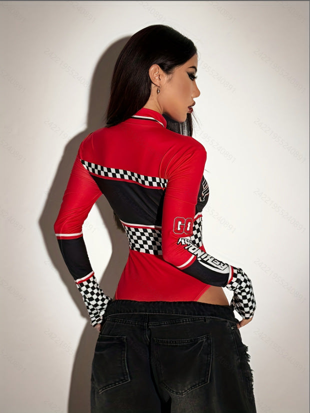 Women's Sexy Front Zipper Long Sleeve Bodysuit Slim Fit Stretchy Mock Neck Romper Clubwear