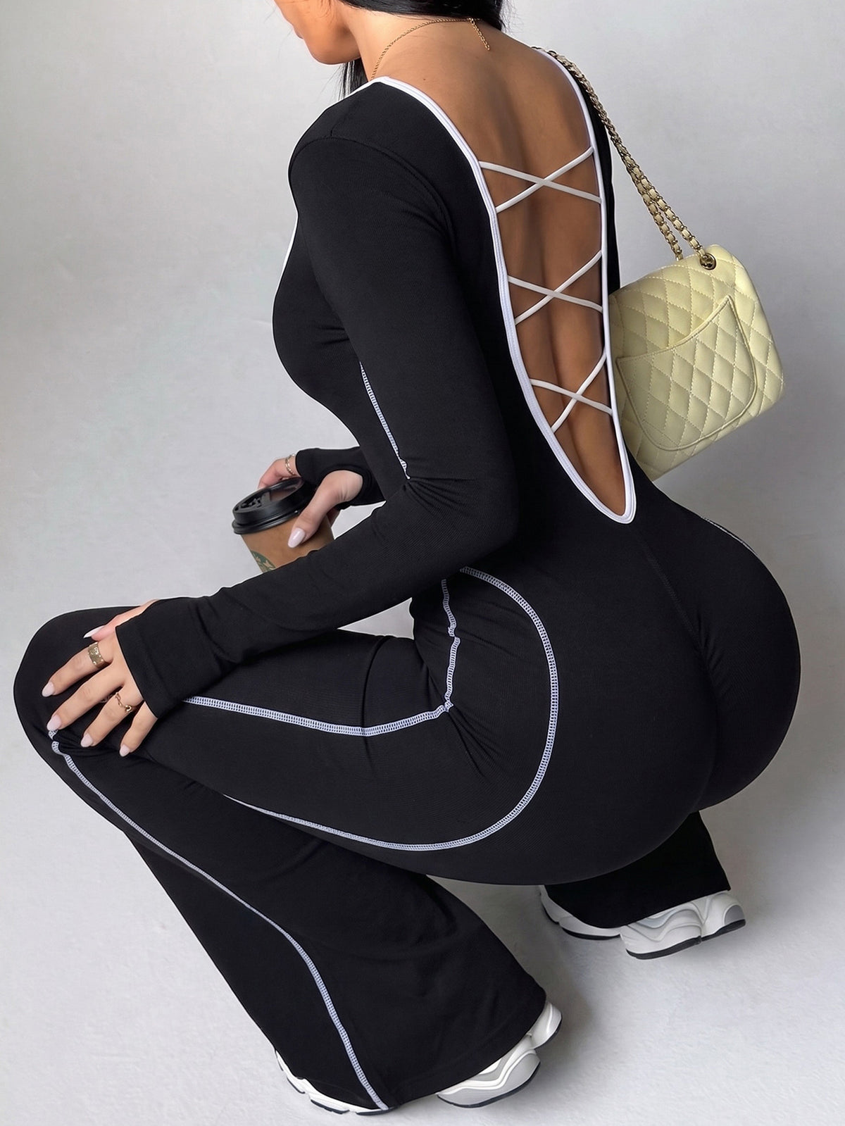 Women's Seamless Flared Yoga Jumpsuit Crisscross Back Butt Lifting Workout Bodysuit