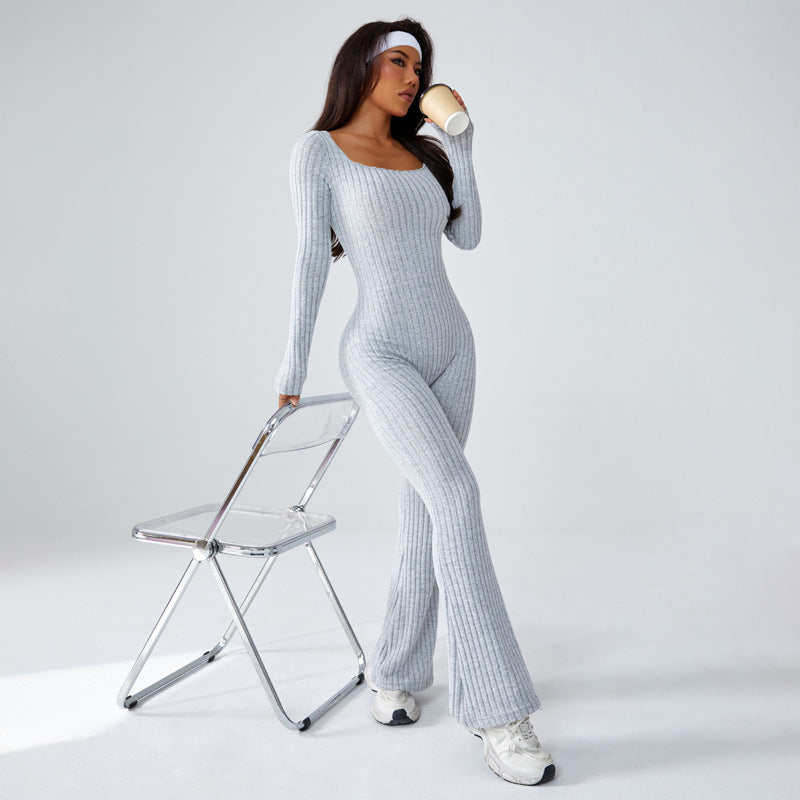 Ribbed Long Sleeve Flared Jumpsuit | Sleek Yoga Catsuit
