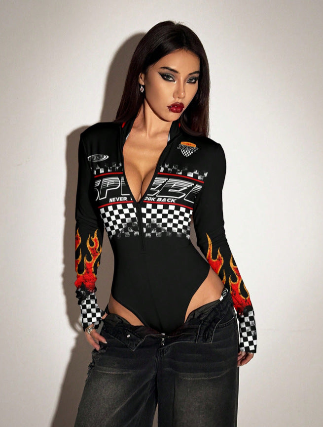 Women's Sexy Front Zipper Long Sleeve Bodysuit Slim Fit Stretchy Mock Neck Romper Clubwear
