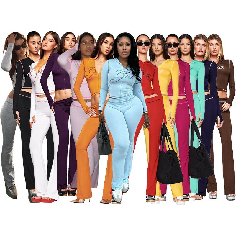 2026 European and American fashion women's clothing cross-border supply printed hooded long-sleeve thumb-hole micro-flare two-piece set