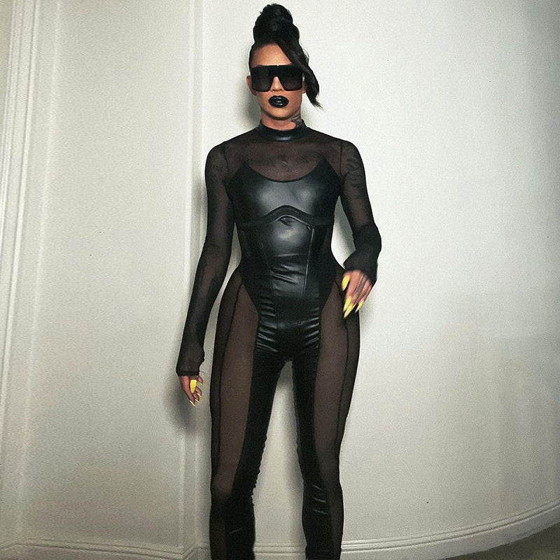 Women's Sexy Sheer Mesh Patchwork Long Sleeve Bodysuit - Clubwear Party Night Out Jumpsuit