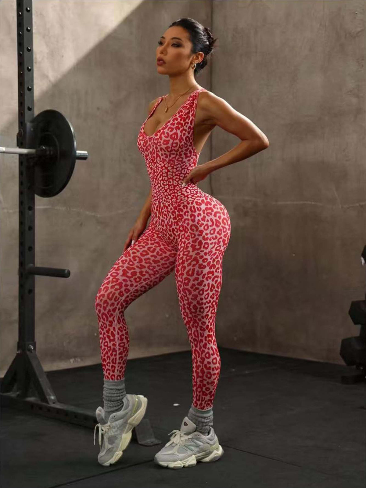 Women's Leopard Print Yoga Jumpsuit - Padded One-Piece Workout Romper & Activewear Bodysuit