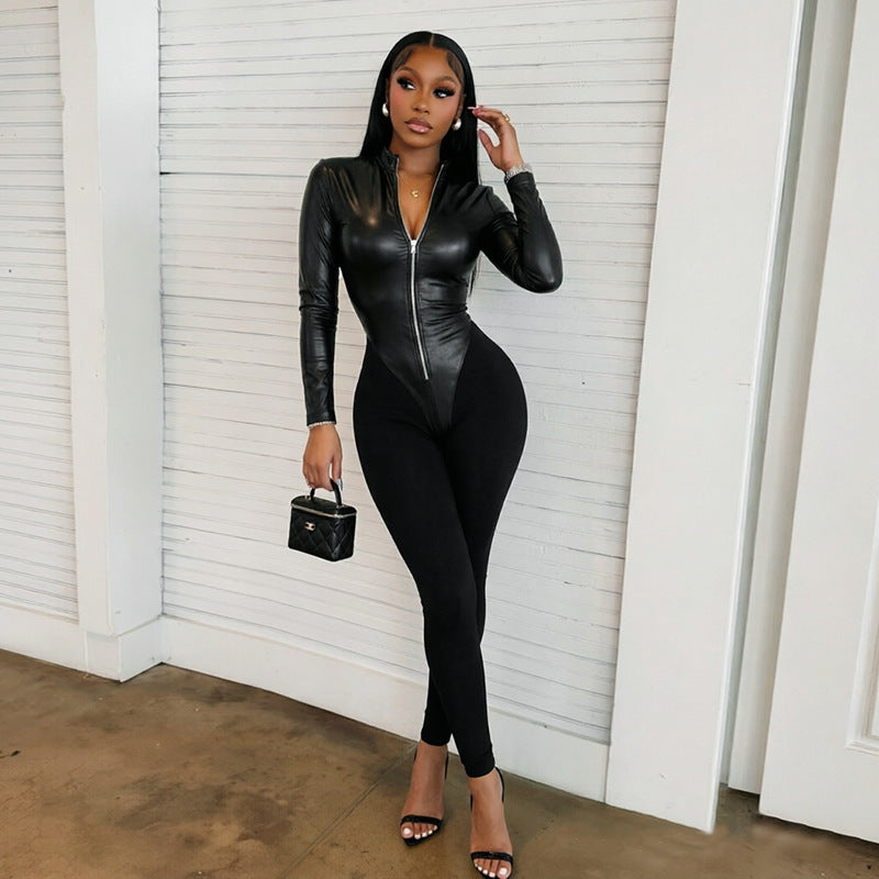 Women's Sexy PU Leather Long Sleeve Zipper Skinny Jumpsuit Slim Fit Full Length Catsuit