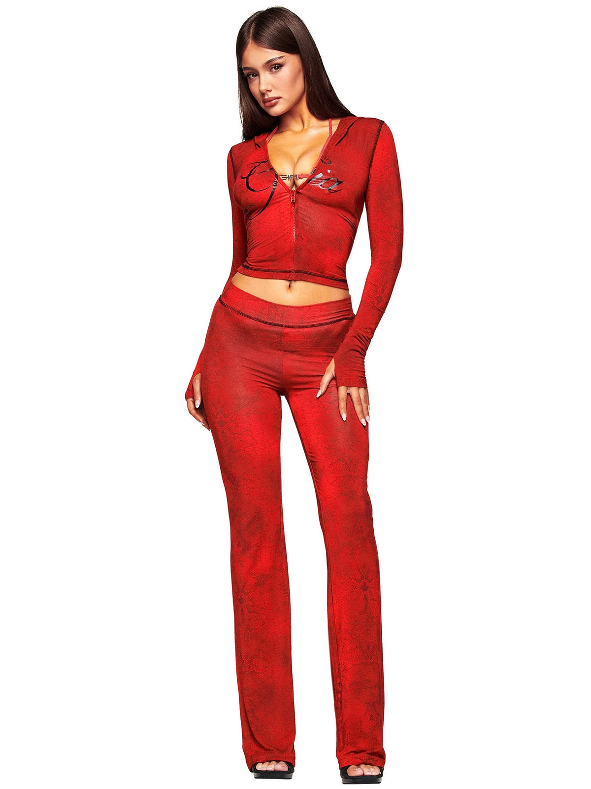 2026 European and American fashion women's clothing cross-border supply printed hooded long-sleeve thumb-hole micro-flare two-piece set