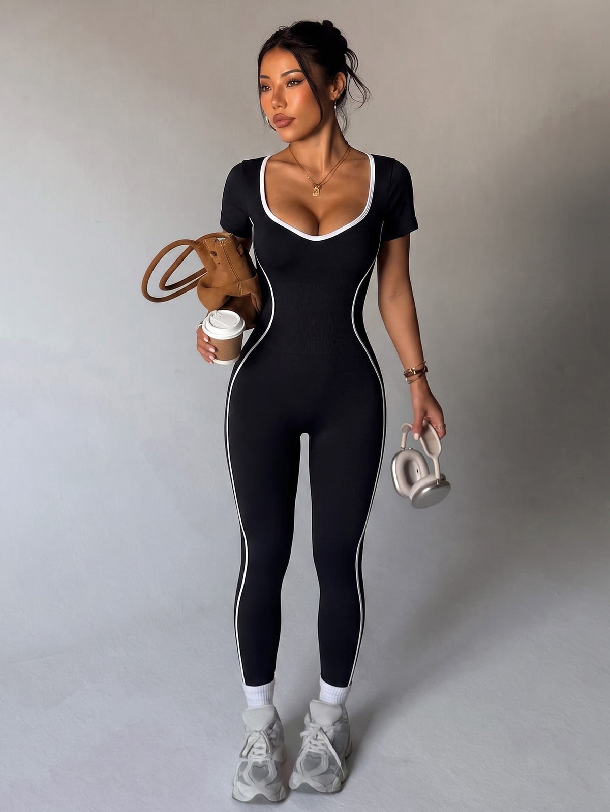 Women's Seamless Short Sleeve Workout Romper High Waist Tummy Control Backless Athletic Jumpsuit with Contrast Trim
