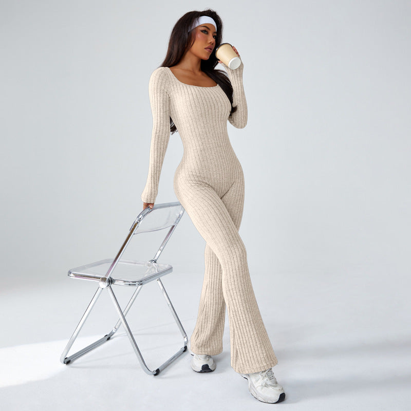 Ribbed Long Sleeve Flared Jumpsuit | Sleek Yoga Catsuit