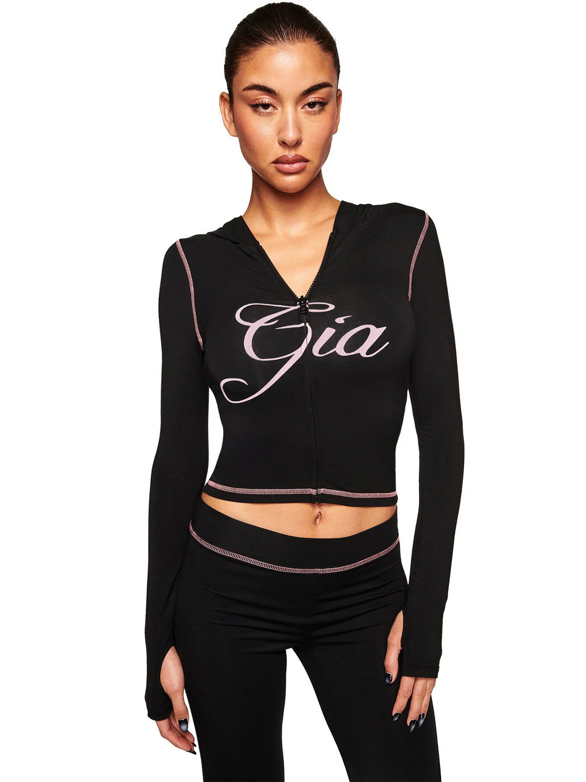 Hooded Thumbhole Top & Flare Pants Set - Black product image