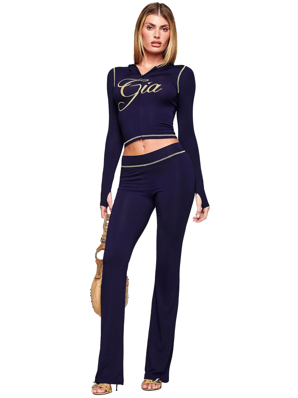 2026 European and American fashion women's clothing cross-border supply printed hooded long-sleeve thumb-hole micro-flare two-piece set