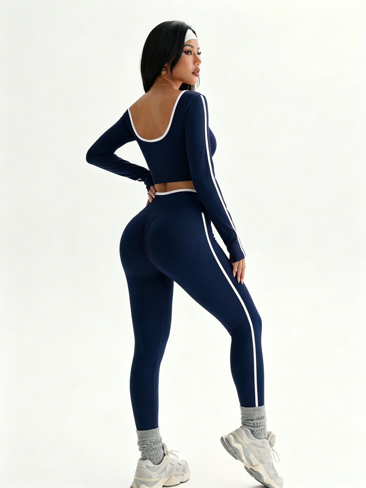 Women's 2-Piece Color Block Workout Yoga Set - U-Neck Long Sleeve Backless Top & High Waist Butt-Lifting Leggings Gym Activewear