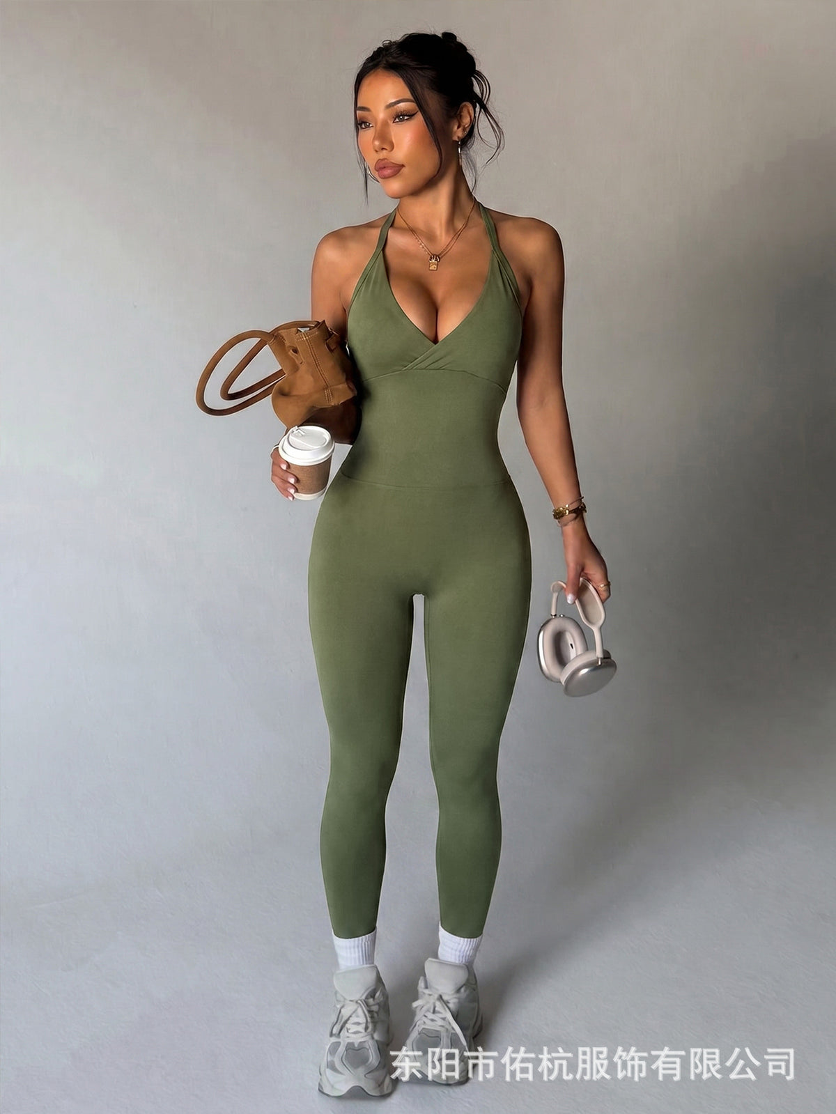 Women's Sleeveless Halter Yoga Jumpsuit High Stretch Cutout Back Athletic Workout Romper
