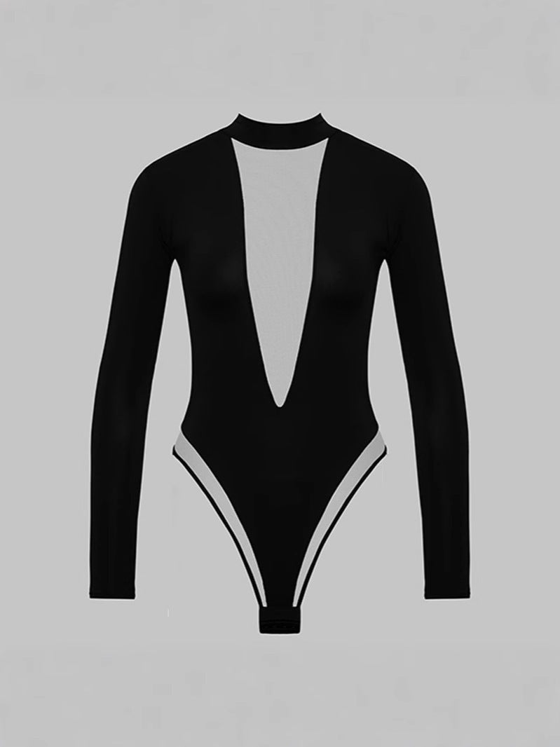 KERESLINA Sheer Mesh Plunging Long Sleeve Bodysuit - Mock Neck High Cut Illusion Bodysuit in Black