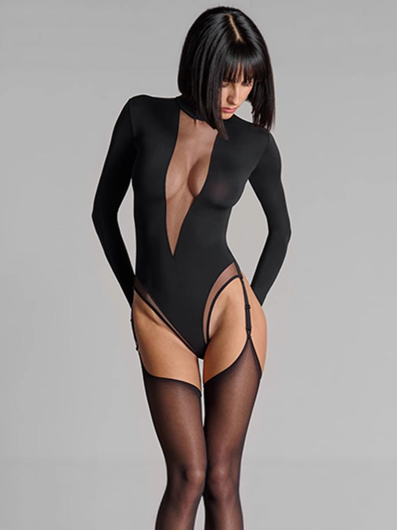 KERESLINA Sheer Mesh Plunging Long Sleeve Bodysuit - Mock Neck High Cut Illusion Bodysuit in Black