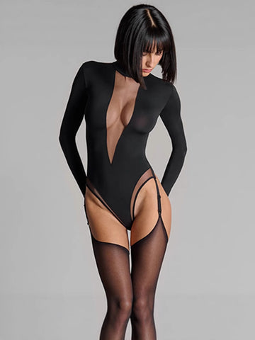 KERESLINA Sheer Mesh Plunging Long Sleeve Bodysuit - Mock Neck High Cut Illusion Bodysuit in Black