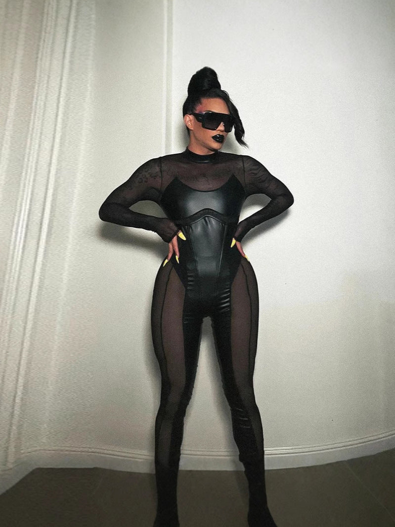 Women's Sexy Sheer Mesh Patchwork Long Sleeve Bodysuit - Clubwear Party Night Out Jumpsuit
